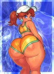 1girls ass big_ass bubble_butt champchidi clothing crop_top dat_ass ear_piercing earrings fat_ass female female_only flower_earrings freckles gluteal_fold hat huge_ass large_ass looking_at_viewer looking_back mario_(series) piercing princess_daisy shorts smile solo thick_ass thick_thighs wide_hips