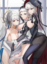 3girls arknights big_dom_small_sub bigger_dom caressing_face dual_persona female femdom irene_(arknights) mizuhashi_parusui red_eyes size_difference specter_(arknights) specter_the_unchained_(arknights) yuri