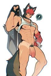 1boy abs balls big_pecs bottomless bottomless_male komano_manato male male_focus male_only muscular muscular_male nipples o0cho0 pecs penis pubes pubic_hair shirt_lift shirt_up solo solo_focus solo_male tanline zenless_zone_zero