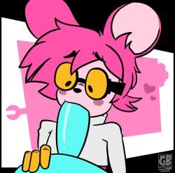 animated blush clothing coat cog eyewear fellatio first_person_view fur glasses gloves goommy_(goommymuffin) hair handwear heart_symbol hi_res lab_coat mammal mouse muffin_(goommymuffin) murid murine oral penetrating_pov penetration penile pink_body pink_fur pink_hair rodent sex simple_background terryeternity tools topwear vaginal_penetration vaginal_penetration wrench