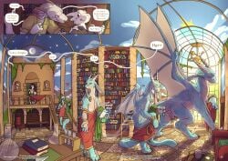 a_taste_of_sorcery absurd_res anthro anus blush book book_stack bookshelf clothing comic comic_panel dialogue dragon dragonborn_(dnd) dungeons_and_dragons ear_piercing english_text eri_dalin female female/female feral furniture genital_piercing genitals group hasbro hi_res horn jewelry kobold laboratory lapal long_ears magic magic_user mythological_creature mythological_scalie mythology piercing pussy pussy_piercing scalie siffo speech_bubble spread_wings sunny text the_gentle_giant transformation transformation_sequence trio undressing url wings wizards_of_the_coast