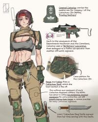 abs absurdres ammunition_pouch armor artist_name astra_militarum belt_pouch boot_knife boots breasts camouflage catachan_jungle_fighter charm_(object) cleavage fangs female fingerless_gloves gloves greaves gun handgun headband headset highres holster knee_pads knife large_breasts lasgun looking_at_viewer military_uniform object_focus pauldrons pink_eyes pouch radio red_headband short_hair shoulder_armor signature skull smile solo submachine_gun toned warhammer_40k weapon zephart