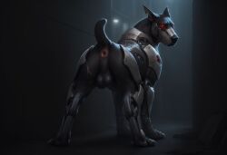 ai_assisted ai_generated all_fours alley anus balls black_body black_fur canid canine canis cybernetic_leg cybernetic_limb cybernetics cyborg dark_background docked_tail domestic_dog face_mask feral fur genitals glowing glowing_eyes looking_at_viewer looking_back looking_back_at_viewer machine male mammal mastiff metal_claws molosser night notched_ear polar_(director) rear_view red_eyes scar short_tail steel