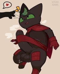 anthro balls biped cartoon_network clothing cute_fangs domestic_cat erection eyebrows fangs felid feline felis fingers foreskin genitals gloves green_sclera handwear heart_symbol hi_res humanoid_genitalia humanoid_penis kyurisawa male mammal mao_mao:_heroes_of_pure_heart penis sheriff_mao_mao_mao simple_background solo speech_bubble teeth tongue uncircumcised