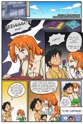 1boy 1boy1girl 1girl 1girls black_hair blushing_female clothing comic comic_page condom doujinshi doujinshi_page female hotel hotel_room hug_from_behind male monkey_d_luffy morning nami_(one_piece) one_piece orange_hair orange_hair_female redhead_female shampowrado straight text towel_around_neck wearing_clothes wearing_others_clothes