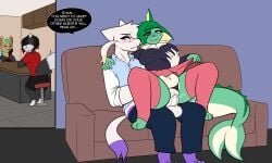 anglo anglo_(anglo) clothed_sex clothing dialogue evian_current green_hair grey_body group hyena infidelity male/female nyxar penetration penis public purple_eyes pussy raylin_(unvolarium) red_eyes stealth_sex text text_bubble vaginal_fluids vaginal_penetration vaporeon wedding_ring white_body