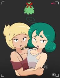 2022 2girls artist_signature beverie blonde_hair breast_squish camera camera_pov christmas cleavage female female_focus female_only fernal-scarlet fondly_aloe fondly_scarlet green_hair looking_at_camera recording_video saliva_trail trinity_(avrgforum) yuri