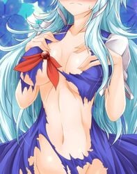 1girls blue_eyes blue_hair blush breasts embarrassed female female_only g_(desukingu) g_(genesis1556) groin head_out_of_frame highres keine_kamishirasawa large_breasts long_hair lost_clothes navel no_bra no_panties out-of-frame_censoring puffy_short_sleeves puffy_sleeves short_sleeves solo torn_clothes touhou very_long_hair