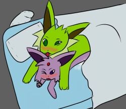 2019 all_fours bed bed_sheet bedding bedroom blush bodily_fluids canid canine cum cum_on_body cum_stain digital_drawing_(artwork) digital_media_(artwork) duo eeveelution espeon fan_character felid feline female feral furniture generation_1_pokemon generation_2_pokemon genital_fluids jolteon julia_thani_(lilacmonarch) lilacmonarch lying male male/female mammal mane nintendo nude on_front pillow pokemon pokemon_(species) sex shiny_pokemon side_view tongue tongue_out