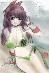 1girls arm_behind_head arm_support beach big_breasts bikini blush breasts busty cleavage female female_only fingerless_gloves gloves green_bikini hair_ribbon highres king_of_fighters large_breasts legs long_hair looking_at_viewer nakoruru navel necklace ocean open_mouth pink_lipstick pose posing purple_eyes purple_hair ribbon samurai_shodown sensual sexy sexy_pose side-tie_bikini_bottom sideboob sitting smile snk solo swimsuit thighs tongue traditional_media very_long_hair voluptuous water