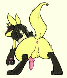 1boy 2016 animal_genitalia animal_penis anthro anus ass backsack balls black_fur blush canine canine_penis claws color_edit colored cyan_eyes edit erection fur heart inviting knot looking_at_viewer looking_back lucario male male_only mammal nintendo paws penis perineum pokemon pokemon_(species) precum presenting presenting_hindquarters rear_view shiny_lucario shiny_pokemon shugowah solo video_games yellow_fur