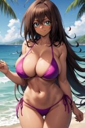 1girl ahoge ai_generated ass_visible_through_thighs bangs bare_arms bare_shoulders beach bikini bikini_bottom blue_sky blush breasts brown_hair cameltoe clavicle cleavage closed_mouth clothing cloud collarbone dark-skinned_female dark_skin day female female_only green_eyes hair_between_eyes halterneck horizon large_breasts long_hair looking_at_viewer mana_(yu-gi-oh!) navel ocean outdoors palm_tree pink_bikini pink_swimsuit purple_bikini purple_swimsuit rena_aikawa_(pixiv_user) sand side-tie_bikini side-tie_bikini_bottom side-tie_clothing side-tie_swimsuit sky smile solo standing stomach string_bikini swimsuit thigh_gap thighs tree very_long_hair water yu-gi-oh! yu-gi-oh!_duel_monsters