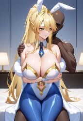 1girls ai_generated arms_under_breasts artoria_pendragon artoria_pendragon_(swimsuit_ruler) blonde_hair blue_legwear blue_pantyhose bunnysuit clothing dark-skinned_male degenbrecher green_eyes huge_breasts light-skinned_female light_skin long_hair pantyhose sitting_on_person