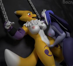 2016 3d bacn blush bondage breast_lick breasts canine chains digimon duo female fingering forced furball furball_(character) hair lagomorph licking mammal nipples nude open_mouth rabbit rape renamon renamon_(bacn) restrained simple_background tongue tongue_out yuri