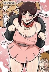 1boy 1girls breasts chainsaw_man collar denji_(chainsaw_man) dog_collar dog_ears dress english_text female female_focus femsub higashiyama_kobeni large_breasts light-skinned_female light_skin looking_at_viewer male mark_gavatino text thick_thighs thighs