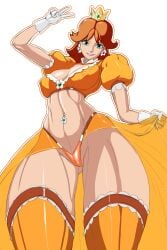 1girls anythinggoes curvy female female_only female_pubic_hair huge_breasts lingerie mario_(series) navel_piercing nintendo panties piercing presenting princess_daisy pubic_hair pubic_hair_peek solo thick_thighs thong underwear