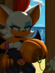 3:4 anthro areola bat beach big_breasts biped breasts clothed clothing detailed_background ejavox eyelashes female genitals hi_res huge_breasts mammal nipple_piercing nipples piercing pupils pussy rouge_the_bat sega solo sonic_(series) sonic_the_hedgehog_(series) thick_thighs three-quarter_view