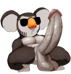 2024 animal_crossing anthro balls big_balls big_ears big_nose big_pecs big_penis brown_body brown_fur circumcised crouching english_description erection eugene_(animal_crossing) eyewear facial_hair fur genitals hi_res huge_cock humanoid_genitalia humanoid_penis hyper hyper_genitalia hyper_penis koala male mammal marsupial muscular muscular_anthro muscular_male mutton_chops nintendo nipples nude_anthro nude_male open_mouth orange_nose pec_ra pecs penis pink_nipples round_ears saggy_balls simple_background solo sunglasses tiptoes vein veiny_penis vombatiform wearing_sunglasses white_background