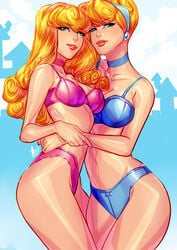 2girls aurora_(sleeping_beauty) blonde blonde_hair blue_bra blue_earrings blue_eyes blue_panties blue_underwear bra cinderella_(1950_film) cinderella_(disney) crossover disney disney_princess earring earrings female female/female female_only lingerie lipstick long_hair looking_at_viewer looking_down multiple_girls panties pink_bra pink_panties pink_underwear princess royalty sleeping_beauty_(1959_film) thong tiara underwear wavy_hair xdtopsu01 yuri