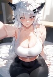 1female 1girl 1girls ai_generated animal_ears arknights breasts cleavage gym_clothes gym_uniform lappland_(arknights) leggings long_hair looking_at_viewer miyuai musk musk_clouds scar scar_across_eye scar_on_face solo solo_female solo_focus sports_bra sportswear steam steamy sweat sweatdrop sweaty tight_pants white_hair wolf_girl workout_clothes yoga_pants