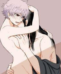 1boy 1girls black_hair blush breast_grab canon_genderswap embrace female genderswap_(mtf) ginko_sakata gintama gintoki_sakata hand_on_another's_head katsura_kotarou long_hair long_hair_male male nude nude_female off_shoulder red_eyes rule_63 short_hair sideboob sweat very_short_hair white_hair