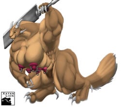 big_breasts big_claws big_muscles big_nipples breasts charr claws digitigrade extreme_muscles feline female furry guild_wars horn huge_breasts leather long_neck mammal melee_weapon multi_breast muscular muscular_female nipple_piercing nipples piercing sword thick_thighs video_games weapon xatanlion