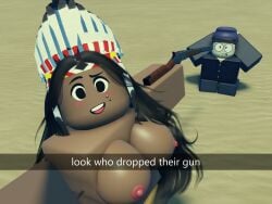 1boy 1boy1girl 1girls areola areolae arms_behind_head blush blush_lines blushing breasts breasts_out dakota_(imskip) female fully_clothed gun highres imskip_(artist) looking_at_partner looking_at_viewer native_american native_american_female outdoors roblox robloxian self_upload selfie selfie_pose snapchat standing sweat tagme threatening topless topless_female