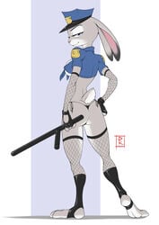 1girls back_view baton blue_eyes blunt_katana breasts bunny bunny_ears bunny_tail bunnygirl busty clothing disney fingerless_gloves fishnet fishnet_stockings fur judy_hopps lagomorph large_breasts panties peaked_cap police_baton police_uniform policewoman sideboob solo stockings thong tonfa voluptuous zootopia