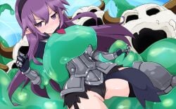 armor armor_knight_(disgaea) armored_female breasts disgaea disgaea_d2 donguri female_knight large_breasts monster nippon_ichi_software purple_hair slime slime_(disgaea) slime_monster thighs