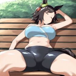 ai_generated animal_ears black_hair female horse_girl red_eyes sleeping umamusume umamusume_pretty_derby winning_ticket_(umamusume) workout_clothes