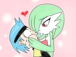 1boy 1girls bedroom_eyes blue_hair forcedshipping gagaxkon gardevoir grabbing_another's_head green_hair hands_on_face headband heart human kissing light_pink_background looking_at_partner male_human/female_pokemon pokemon pokemon_(species) pokemon_trainer puckered_lips red_eyes saliva saliva_trail shipping shocked shocked_expression white_body