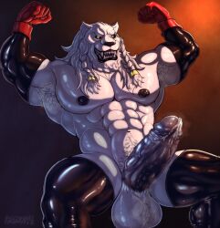 abs anthro armpit_hair armpit_tuft armwear ball_tuft balls biceps black_nose black_penis black_sclera bodily_fluids body_hair braided_hair clothing elbow_gloves erection felid flexing flexing_bicep flexing_both_biceps foreskin fur genital_fluids genitals glans gloves hair handwear hi_res humanoid_genitalia humanoid_penis image_comics invincible_(image_comics) kirlanlion leaking_precum legwear lion looking_at_viewer male mammal muscular muscular_male musky_armpit musky_balls musky_penis navel pantherine pecs penis precum pubes pubic_fuzz retracted_foreskin smile smiling_at_viewer smirk smirking_at_viewer solo stockings text thokk_(invincible) tuft vein veiny_penis white_body white_fur yellow_eyes