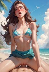 1girl1boy ahe_gao ai_generated beach beach_sex bikini_top blue_skirt clothed_sex cowgirl_position riding_cock riding_penis sex skirt skirt_lift