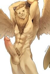 2024 2_horns abs absurd_res anthro areola armpit_hair artist_name balls biceps big_penis biped bodily_fluids body_hair brown_mane brown_pubes brown_sclera delicious_in_dungeon demon erection feathered_wings feathers felid fox_banchan front_view fur genital_fluids genitals glans grey_horn hands_above_head hi_res horn humanoid_genitalia humanoid_penis lion lips male male_anthro mammal mane manly mouth_closed multicolored_penis muscular muscular_anthro muscular_male navel nude nude_anthro nude_male obliques pantherine pecs penis pink_glans pink_penis portrait precum pubes pupils quads simple_background slit_pupils snout solo solo_male spread_wings standing tan_areola tan_balls tan_body tan_ears tan_fur tan_lips tan_nose tan_penis tan_wings text three-quarter_portrait two_tone_penis vein veiny_penis white_background winged_lion_(delicious_in_dungeon) wings