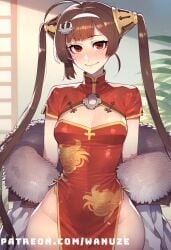 ai_generated azur_lane big_ass big_butt big_thighs blush brown_hair china_dress dress fur_trim huge_ass huge_butt huge_thighs ping_hai_(azur_lane) red_eyes small_breasts wanuze wide_hips