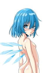 ass blue_eyes blue_hair bow breasts cirno commentary_request completely_nude detached_wings fairy_wings female highres ice ice_wings kwisshy looking_back nude small_breasts solo touhou wings