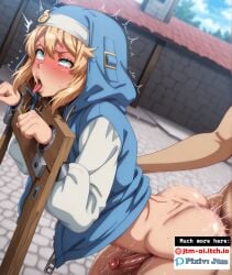 ahe_gao ai_generated blonde_hair bondage bridget doggy_style exhibitionism femboy gay guilty_gear jtm_ai ohogao otoko_no_ko pillory rape restrained rough_sex sex_from_behind yaoi