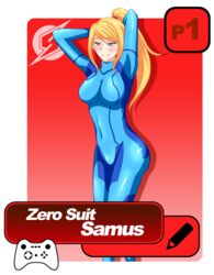 alpha_channel artist_request beauty_mark blonde_hair blue_eyes blush bodysuit eyebrows_visible_through_hair female hands_behind_head long_hair metroid mole nintendo png ponytail rubber rubber_clothing rubber_suit samus_aran shiny_clothes smile solo text tied_hair transparent_background wii_u_pro_controller zero_suit zero_suit_samus