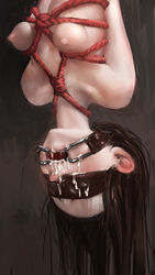 blindfold bondage breasts brown_hair collarbone cum facial female gag gagged hanging_breasts long_hair nipples senkou_tobaku solo suspension upside-down