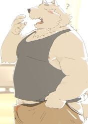 2025 absurd_res anthro blush bulge canid canine canis clothing dig domestic_dog erection hi_res kemono kisukemk777 male mammal moobs morning_wood nipples open_mouth overweight overweight_male question_mark shirt solo topwear underwear yawn