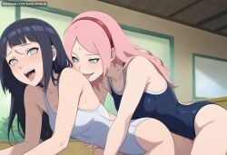 2girls ai_generated all_fours bangs black_hair blue_one-piece_swimsuit blush boruto:_naruto_next_generations breasts collarbone covered_navel dandanhub facial_mark forehead_mark green_eyes hairband hyuuga_hinata indoors licking long_hair multiple_girls naruto naruto_(series) naruto_shippuden one-piece_swimsuit open_mouth parted_bangs pink_hair red_hairband sakura_haruno school_swimsuit small_breasts smile straight_hair sweat swimsuit teeth tongue tongue_out upper_teeth_only white_eyes white_one-piece_swimsuit yuri