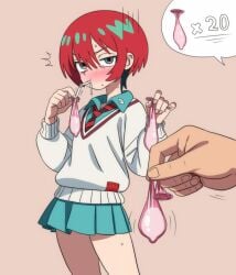 amate_yuzuriha aqua_shirt aqua_skirt blue_eyes blush commentary condom drinking drinking_cum drinking_from_condom drinking_straw english_commentary female gokkun gundam gundam_gquuuuuux highres hippo_power miniskirt necktie pleated_skirt red_hair red_necktie school_uniform shirt short_hair skirt speech_bubble spoken_object striped_necktie sweater used_condom white_sweater