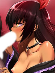 :>= bare_shoulders black_hair blush breasts censored choker dark_skin fellatio female hair_ribbon japanese_clothes kimono long_hair male_pubic_hair master_nemesis nipples off_shoulder oral penis pubic_hair ribbon straight sucking sucking_penis sweat to_love-ru to_love-ru_darkness very_long_hair yellow_eyes