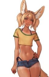 animal_ears animal_humanoid blonde_female blonde_hair brazilian brazilian_female brown_eyes fanmade female flat_chest flat_chested fox_ears fox_girl fox_tail hair_between_eyes jeans_shorts khiara_(personalami) medium_hair open open_clothes personalami shirt short short_hair short_shorts shorts tan_body tan_skin tanned thigh_gap twintails white_background