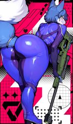 1girls 2d 2d_(artwork) absurd_res ass ass_focus assault_rifle back_muscles back_view big_breasts blue_body blue_fur butt_focus fat_ass fingerless_gloves fingerling fox_ears fox_girl fox_tail full_body full_body_suit furry heel_boots heels highres hourglass_figure krystal krystal_(assault_outfit) krystal_(star_fox) latex_clothing latex_suit looking_at_viewer nintendo shirokoma short_hair smirk smirking_at_viewer solo_anthro solo_female star_fox tail_ring teasing voluptuous watermark