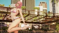 alisa_bosconovitch android bikini breasts cleavage green_eyes heels looking_at_viewer pink_hair robot_girl sand small_breasts tan_body tanline tekken tekken_8 two_tone_hair