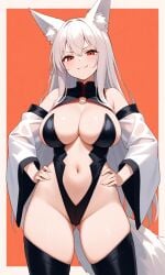 cocky fox fox_ears fox_girl fox_tail hands_on_hips long_sleeves original_character red_eyes revealing_clothes revealing_outfit sexy smirking_at_viewer stripper_clothes underboob white_hair white_shirt