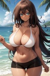 1girl ahoge ai_generated bangs bare_arms bare_shoulders beach bikini black_shorts blue_sky blush boyshorts breasts brown_hair cameltoe clavicle cleavage closed_mouth clothing cloud cloudy_sky collarbone dark-skinned_female dark_skin day female female_only green_eyes hair_between_eyes halterneck horizon large_breasts long_hair looking_at_viewer mana_(yu-gi-oh!) midriff mole mole_on_breast navel ocean outdoors palm_tree rena_aikawa_(pixiv_user) sand shiny_skin shore short_shorts shorts sidelocks skindentation sky smile solo standing stomach sunlight swimsuit tanned thigh_gap thighs tree very_long_hair water white_bikini white_swimsuit yu-gi-oh! yu-gi-oh!_duel_monsters