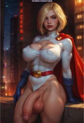 ai_generated belt big_breasts big_penis blonde_hair blue_eyes cape city city_lights dc_comics dickgirl dickgirl_only flaccid flaccid_cock flaccid_penis futa_focus futa_only futanari gloves huge_cock leotard looking_at_viewer muscular muscular_futanari nayvenn night power_girl self_upload stable_diffusion