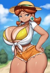 ai_generated blue_eyes brown_hair cleavage freckles gigantic_ass gigantic_breasts huge_ass huge_breasts lubbasdump mario_(series) nintendo princess_daisy shorts sun_hat super_mario_bros. tied_shirt wide_hips